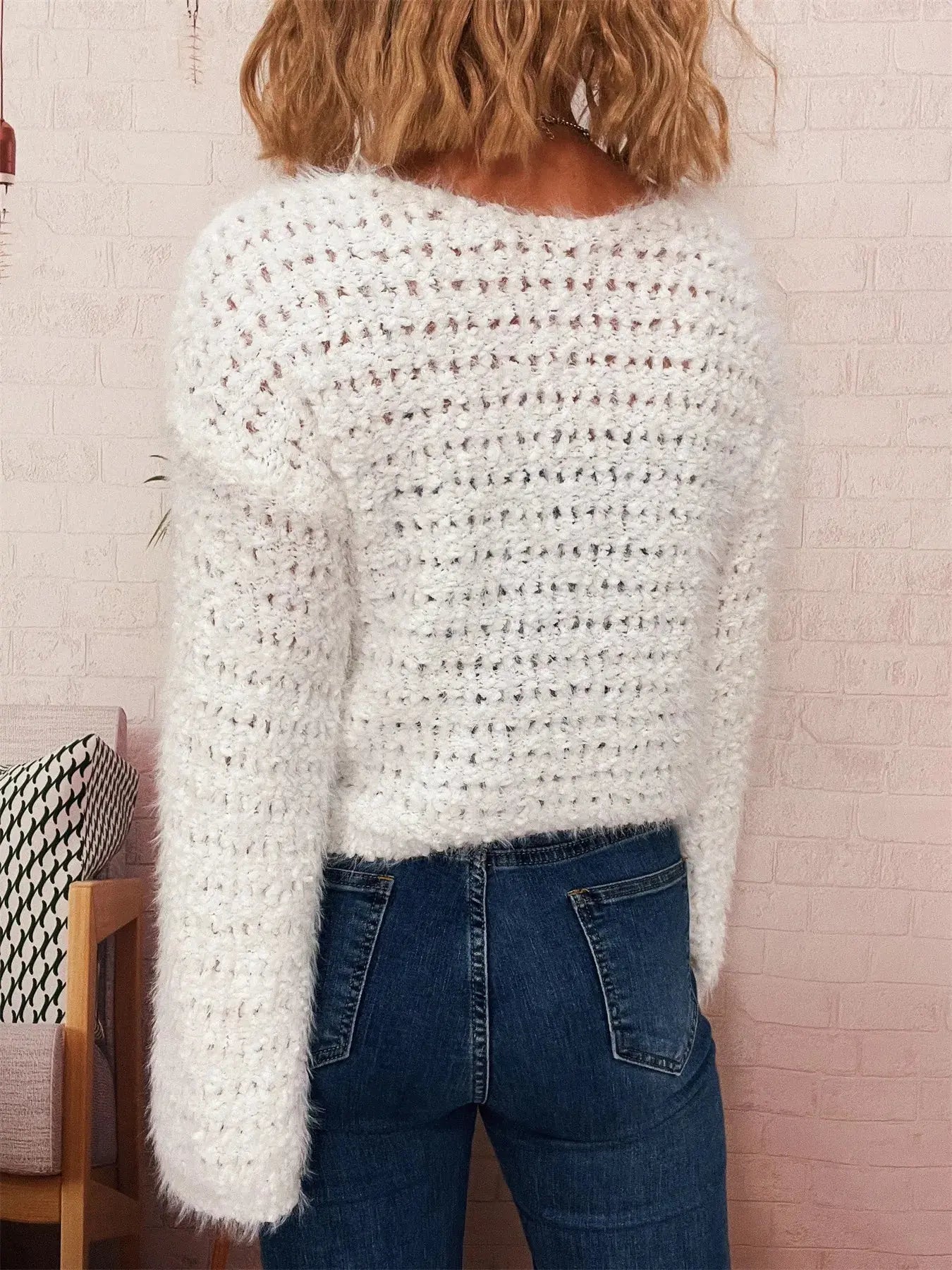 Crochet Dropped Shoulder Round Neck Sweater
