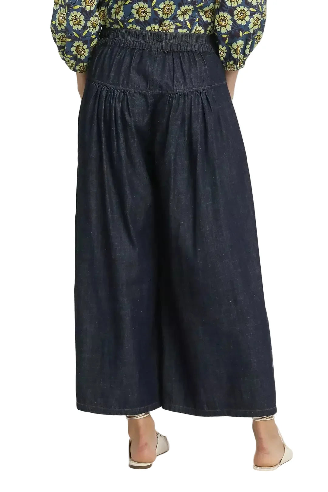 Dark Blue Stone Washed Wide-Leg Button-Front Culottes