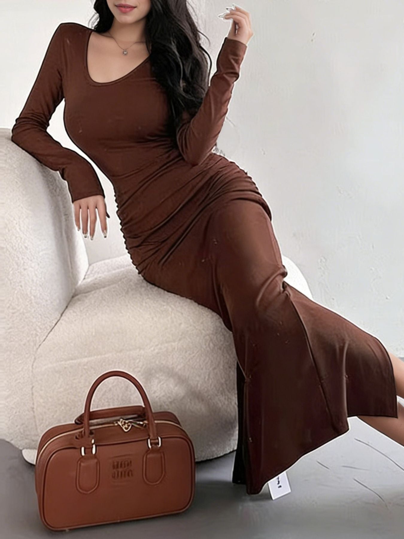 Ruched Slit Long Sleeve Bodycon Maxi Dress