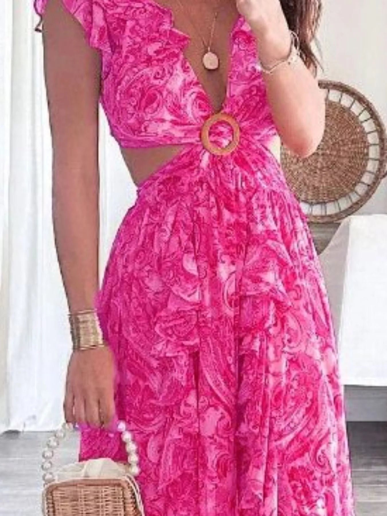 Full Size Ruffled Cutout V Neck Maxi Dress