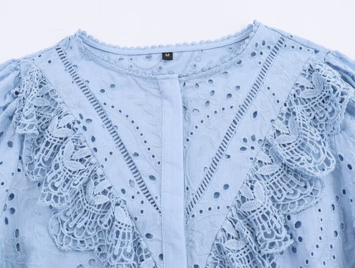 Women Clothing Autumn Hollowed out Embroidered Shirt