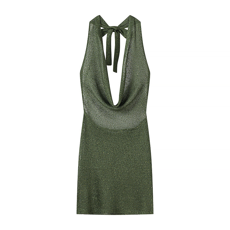 Gorgeous Thin Glittering Knitted Swing Collar Sleeveless Halter Backless Elegant Dress Women Summer Sexy Tight Waist Hip Dress