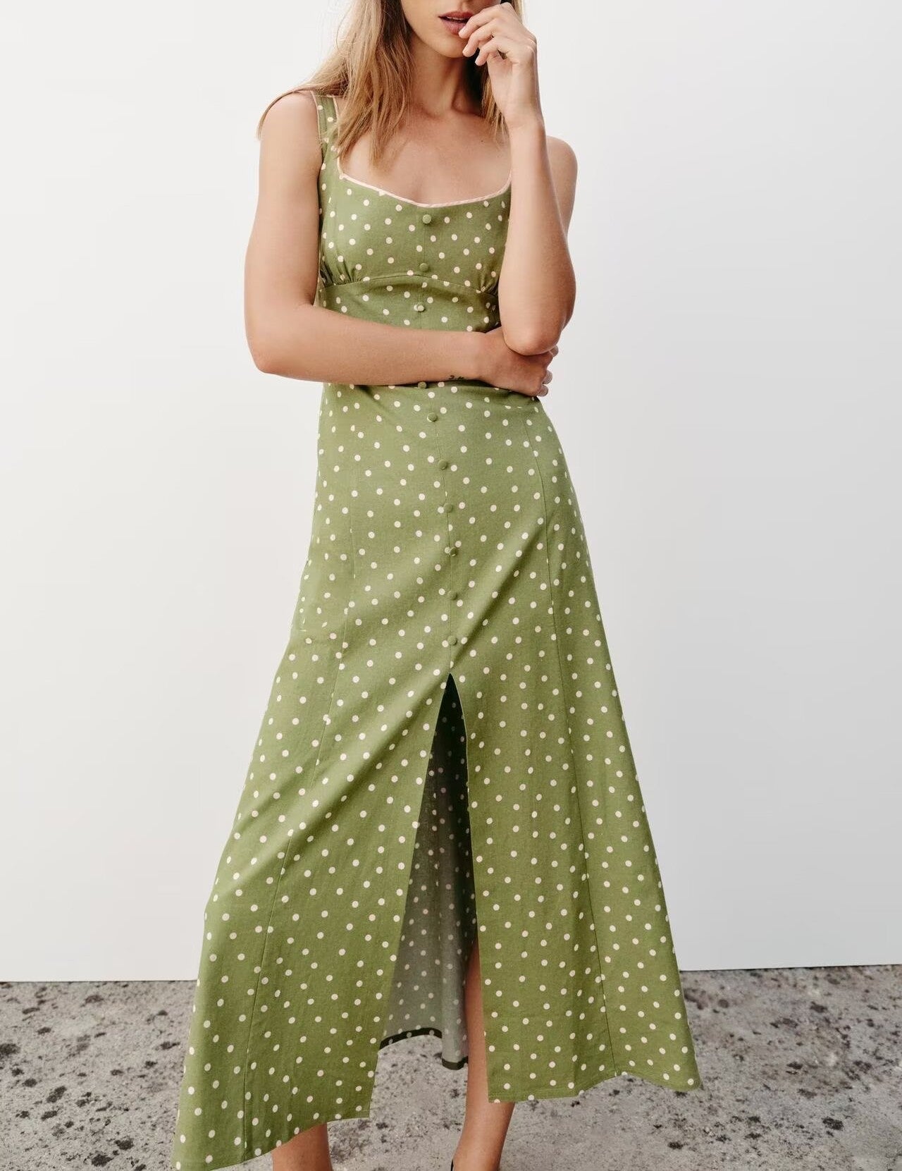Women Clothing Summer Polka Dot Linen Blended Midi Dress Strap Dress