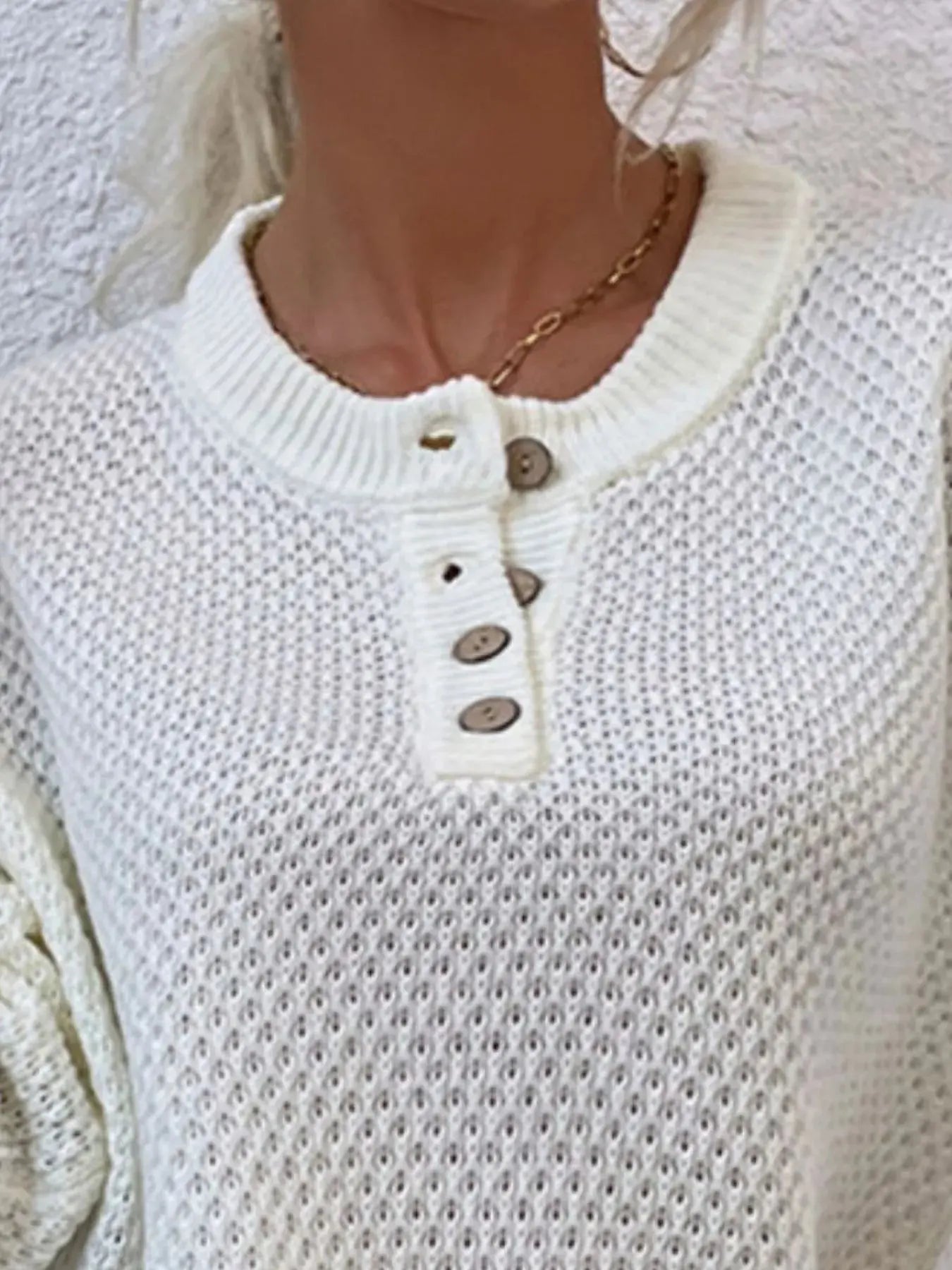 Waffle-Knit Button Detail Long Sleeve Knit Top