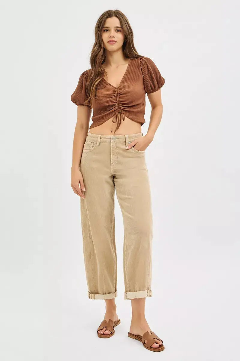 High Rise Crop Barrel Cordurory Pants by RISEN Jeans