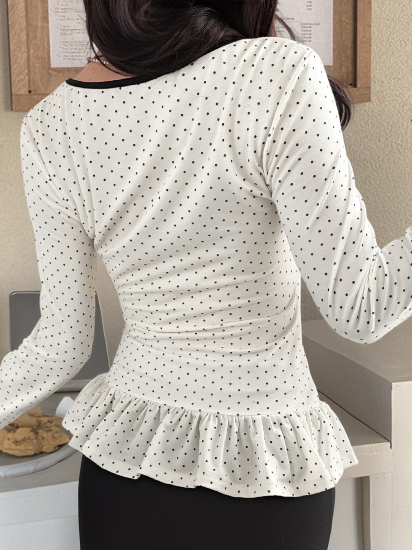 Polka Dot Ruffle Trim Tie Front Long Sleeve Top