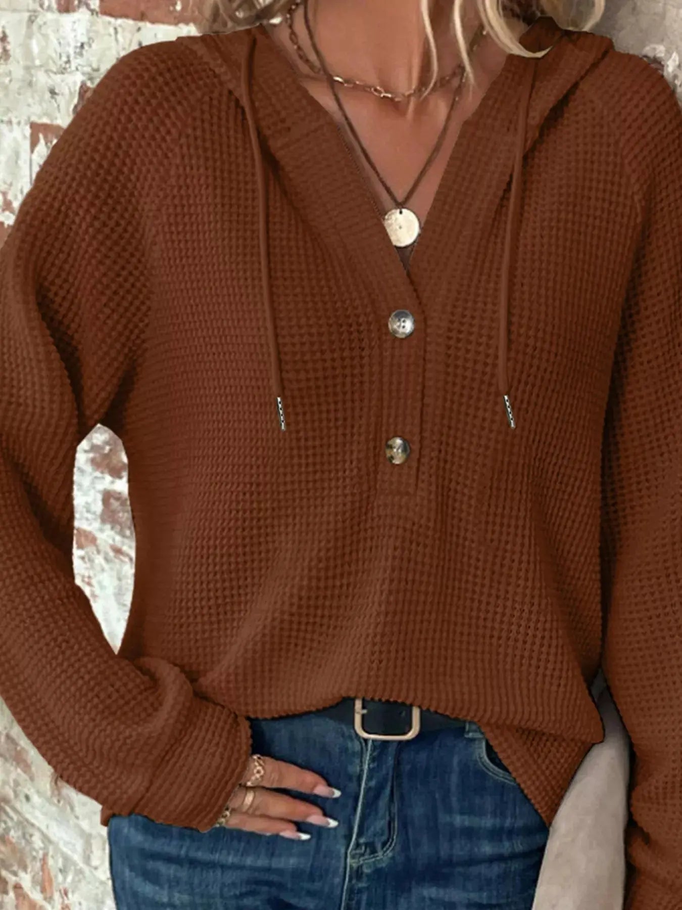 Casual Button Detail Waffle Knit Hoodie