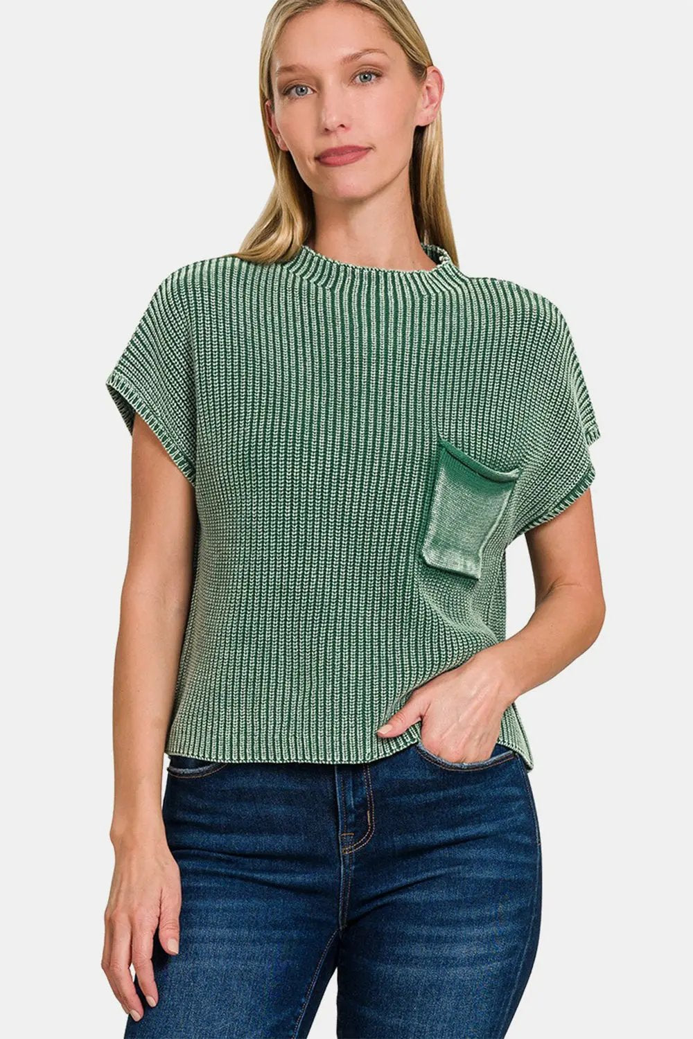 Cropped Mock Neck Sweater by Trendsi | Dark Green