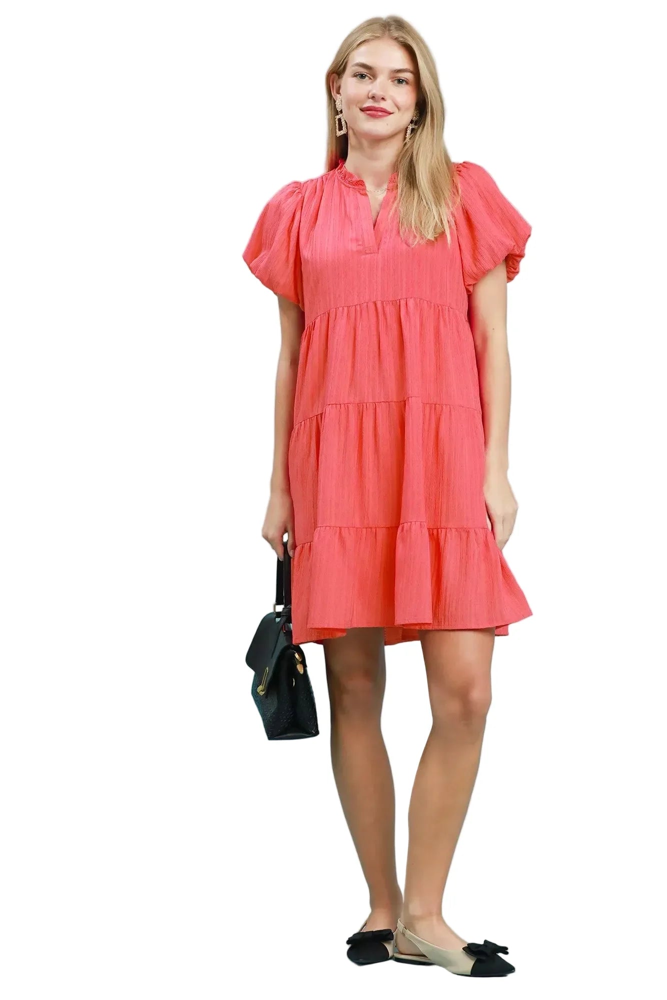Puff Sleeve Tiered Babydoll Dress in Coral