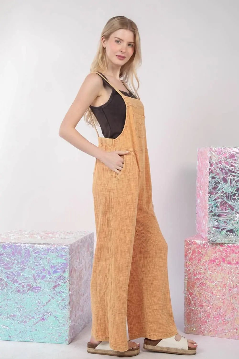 Wide Leg Denim Overalls by Trendsi - Texture Washed