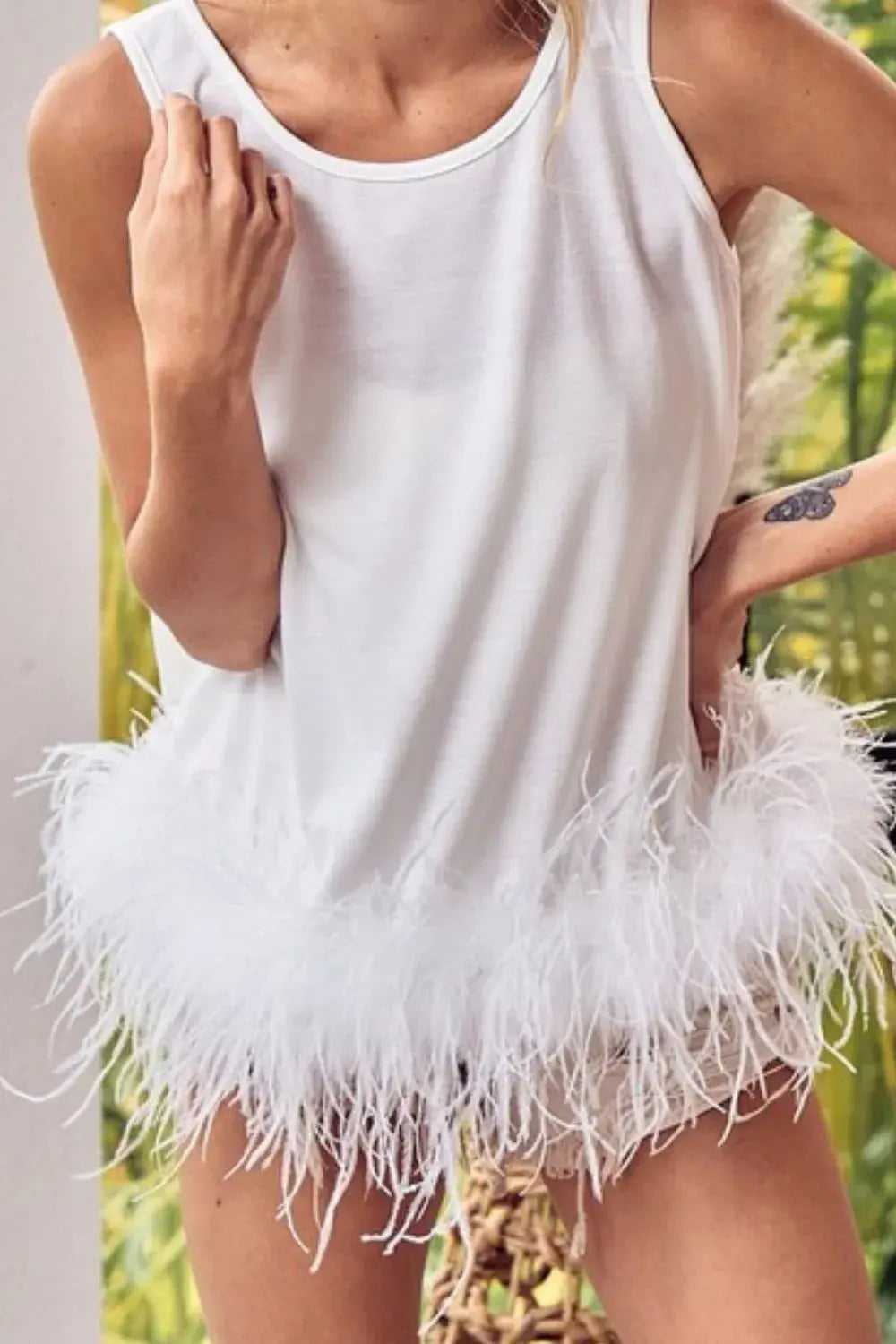 Tank Top - Feather Trim - French Terry Knit