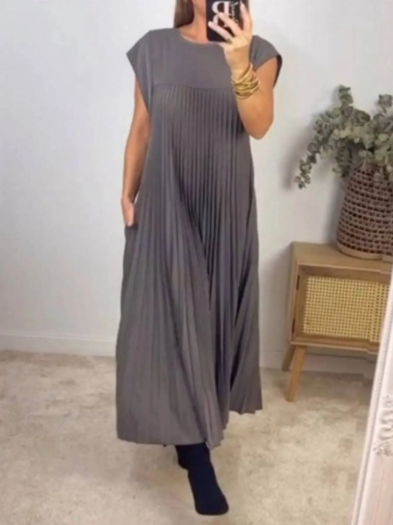 Pleated Round Neck Maxi Dress