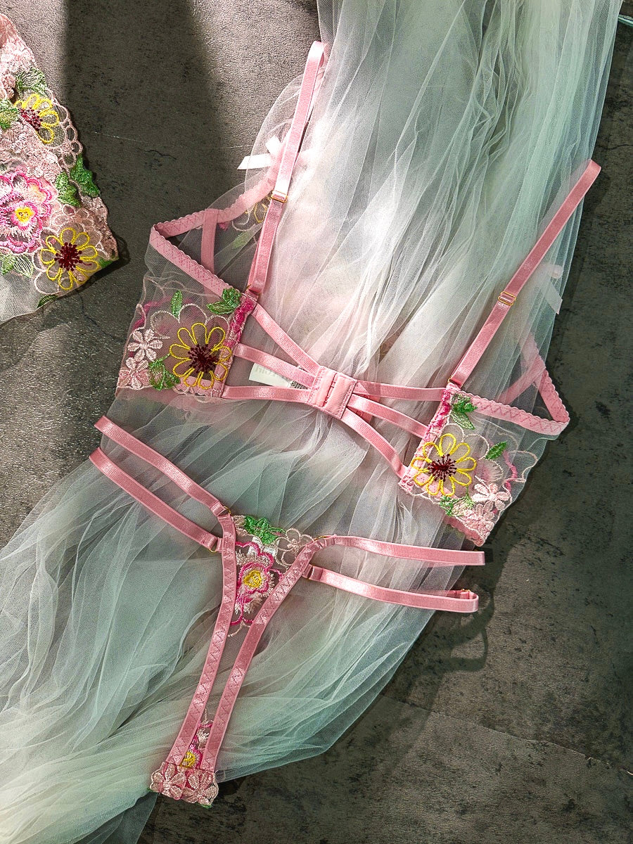 Pink Floral Embroidery Lingerie Set