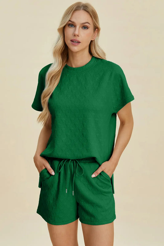 Double Take Full Size Texture Round Neck Short Sleeve Top and Shorts Set