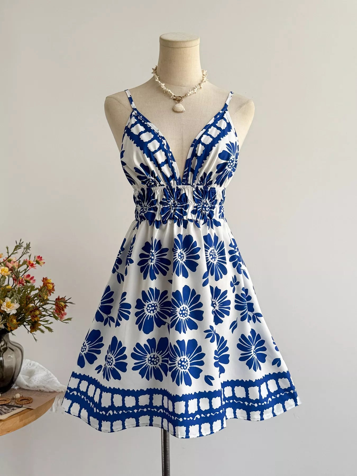 Floral Print V Neck Mini Dress