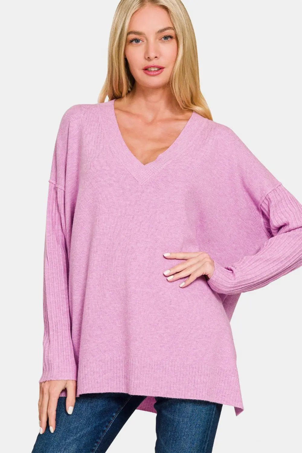 T-Shirts Trendsi Chic V-neck high-low sweater - Premium Quality