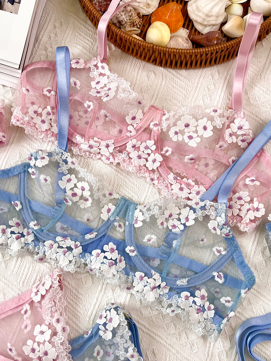 Blue Cherry Blossoms Sheer Lace Lingerie Set