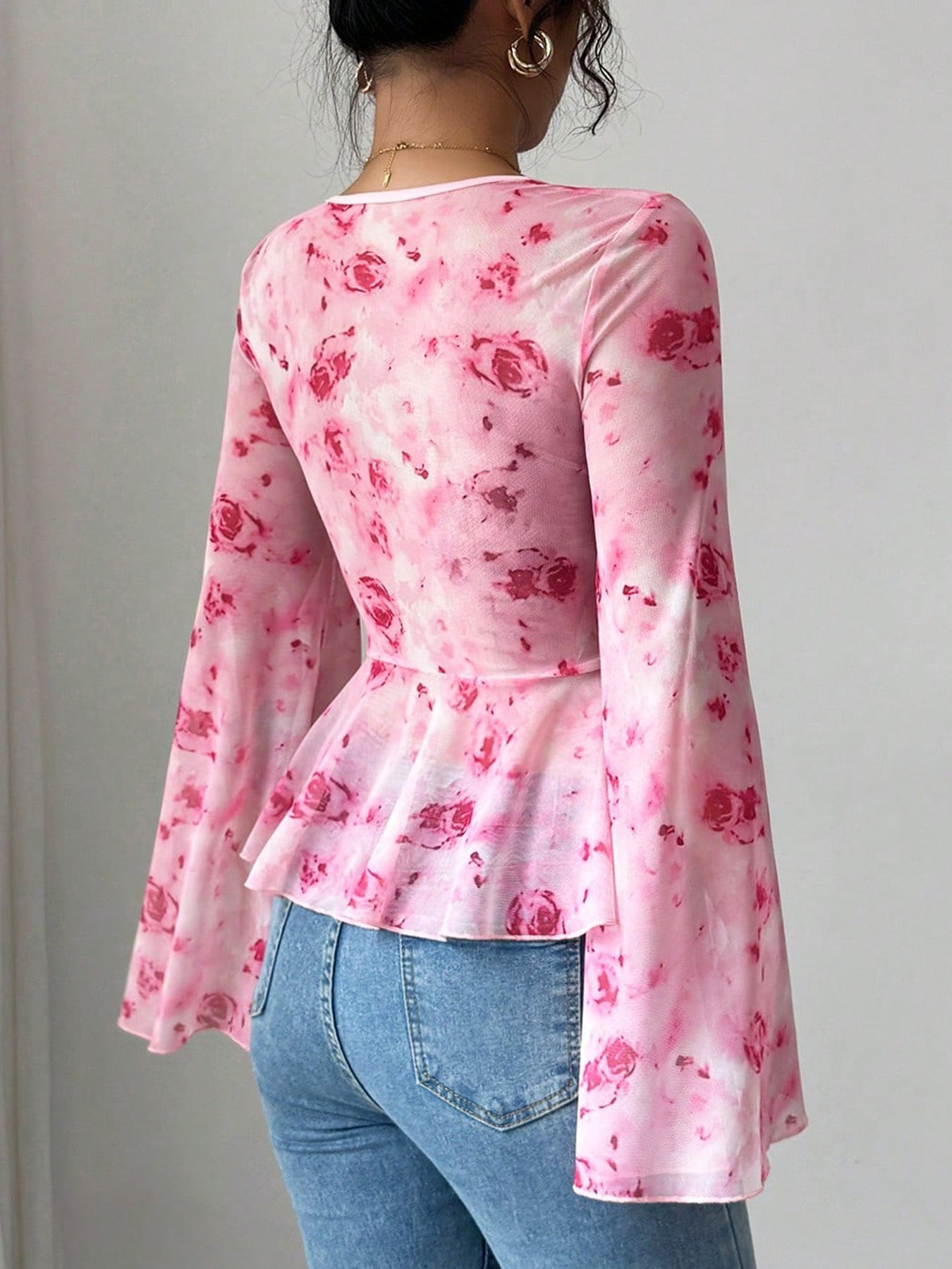 Floral Print Tie Front Chiffon Flare Sleeve Blouse