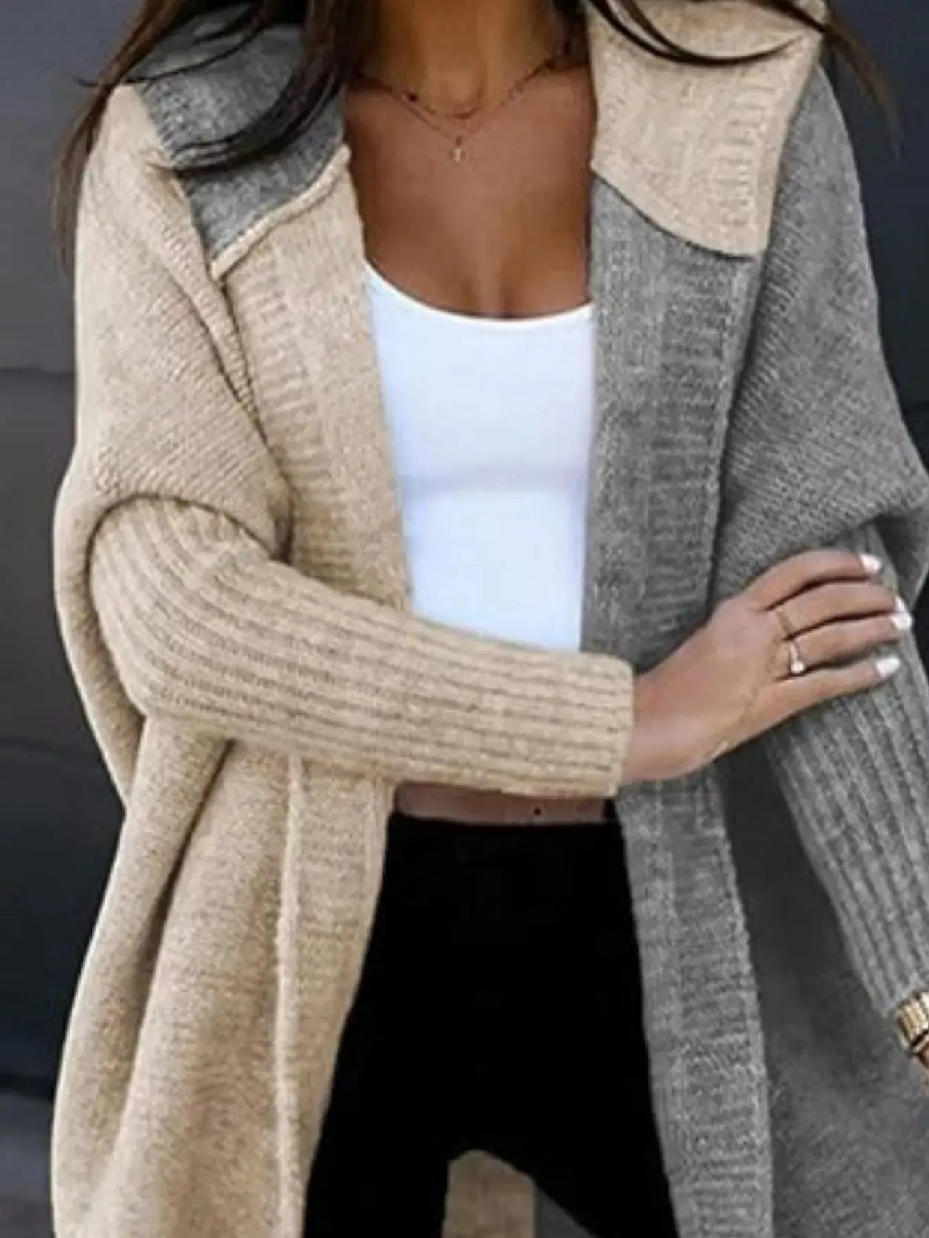Two-Tone Hooded Open Front Knit Cardigan