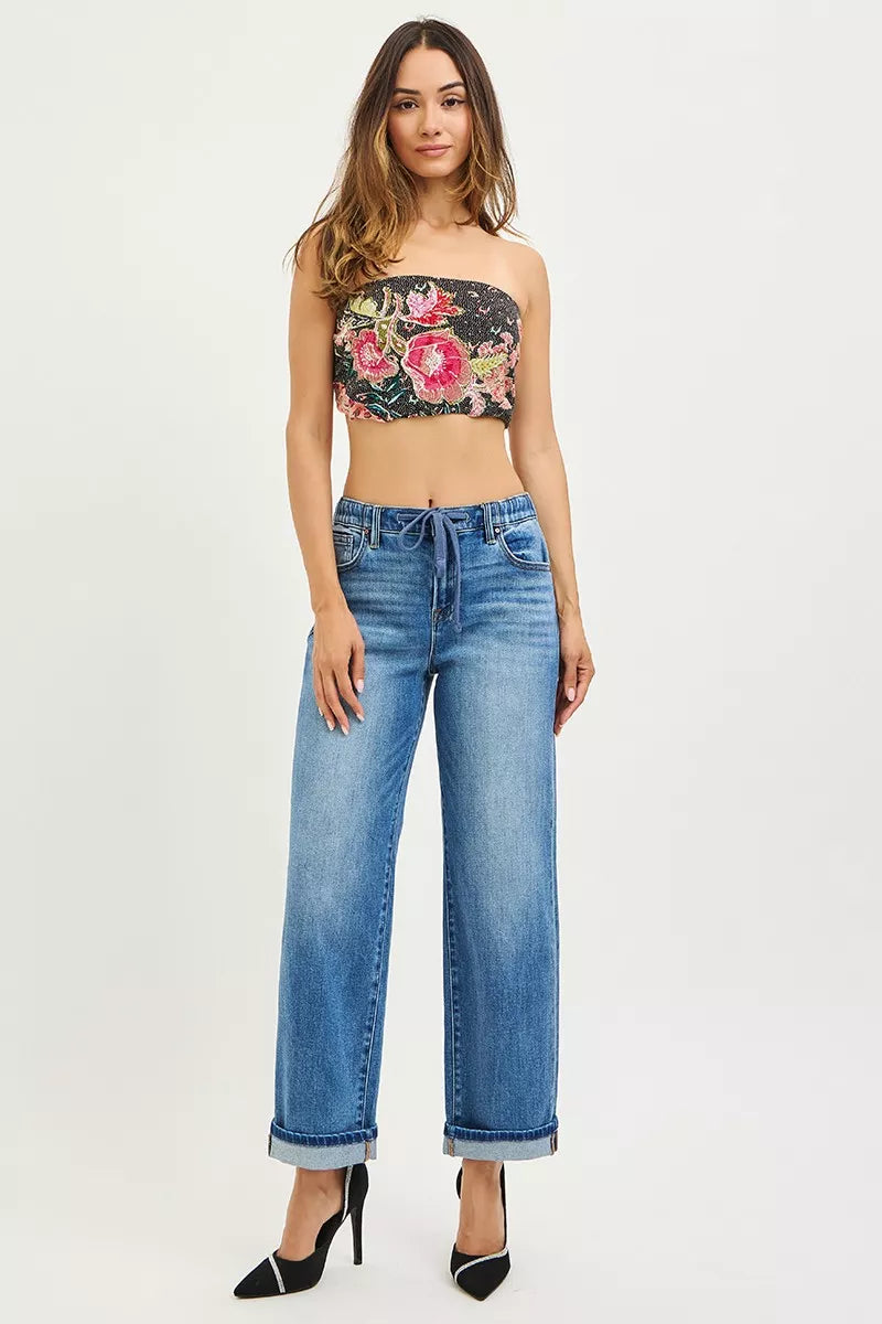 RISEN Jeans - Elastic Waist Slouchy Boyfriend Ankle Jeans with Cuffed Hem