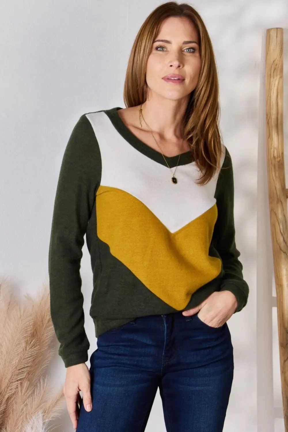 Plus Size Colorblock Blouse Olive | Trendsi Versatile