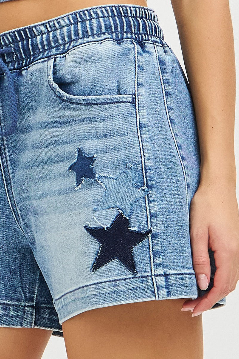 RISEN Star Patch Elastic Waist Denim Shorts