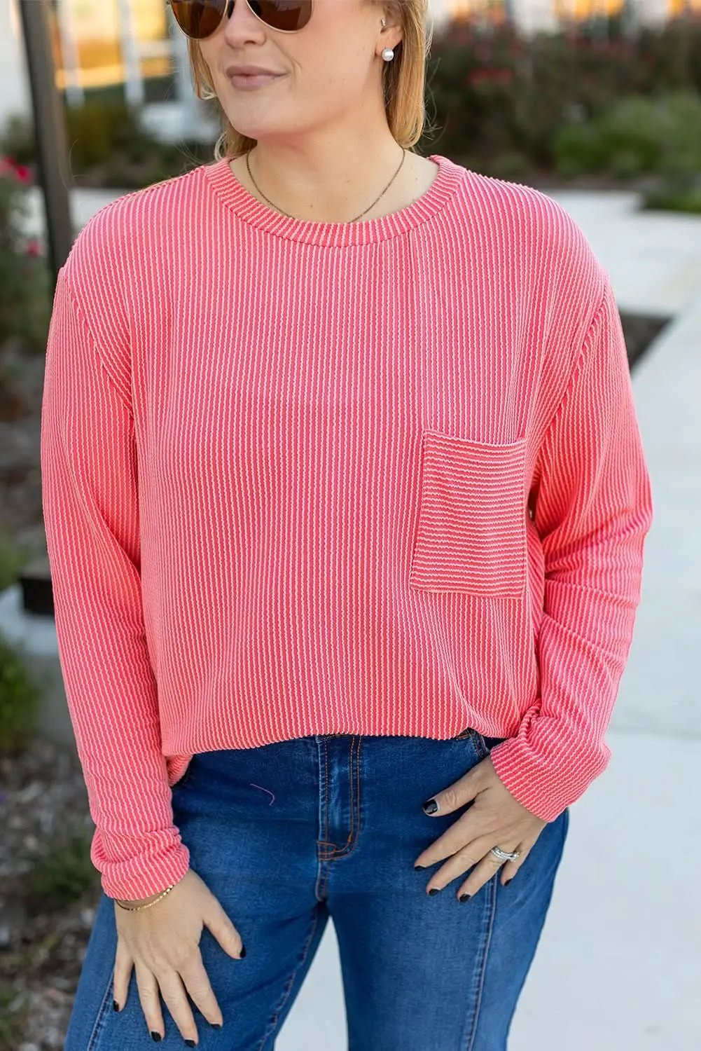 T-Shirts Love Salve Peach Blossom Ribbed Tee Plus Size Women's Versatile Top - Chic & Fashionable