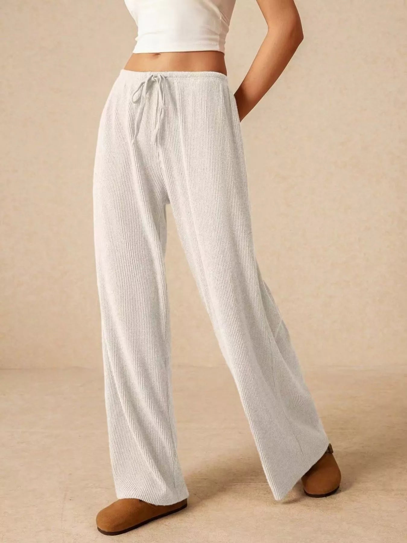 Ribbed Drawstring Wide Leg Pants