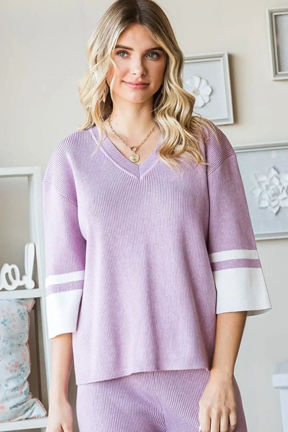 Sweaters Trendsi Contrast V Neck Ribbed Top Women's Casual Knit Top USA Shipped