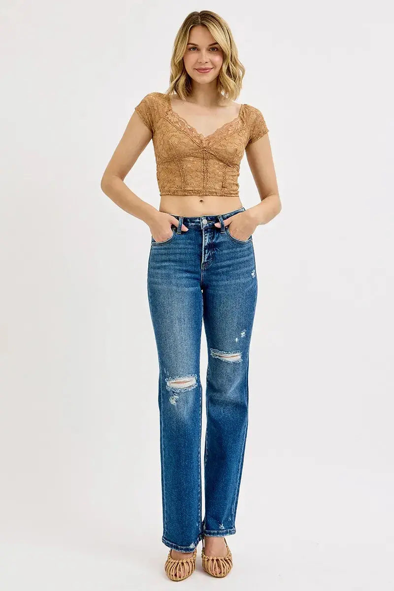RISEN Jeans - Plus Size Tummy Control High Rise Straight Distressed Jeans