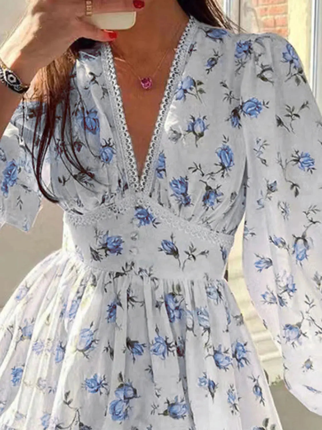 Lace Detail V Neck Balloon Sleeve Dress