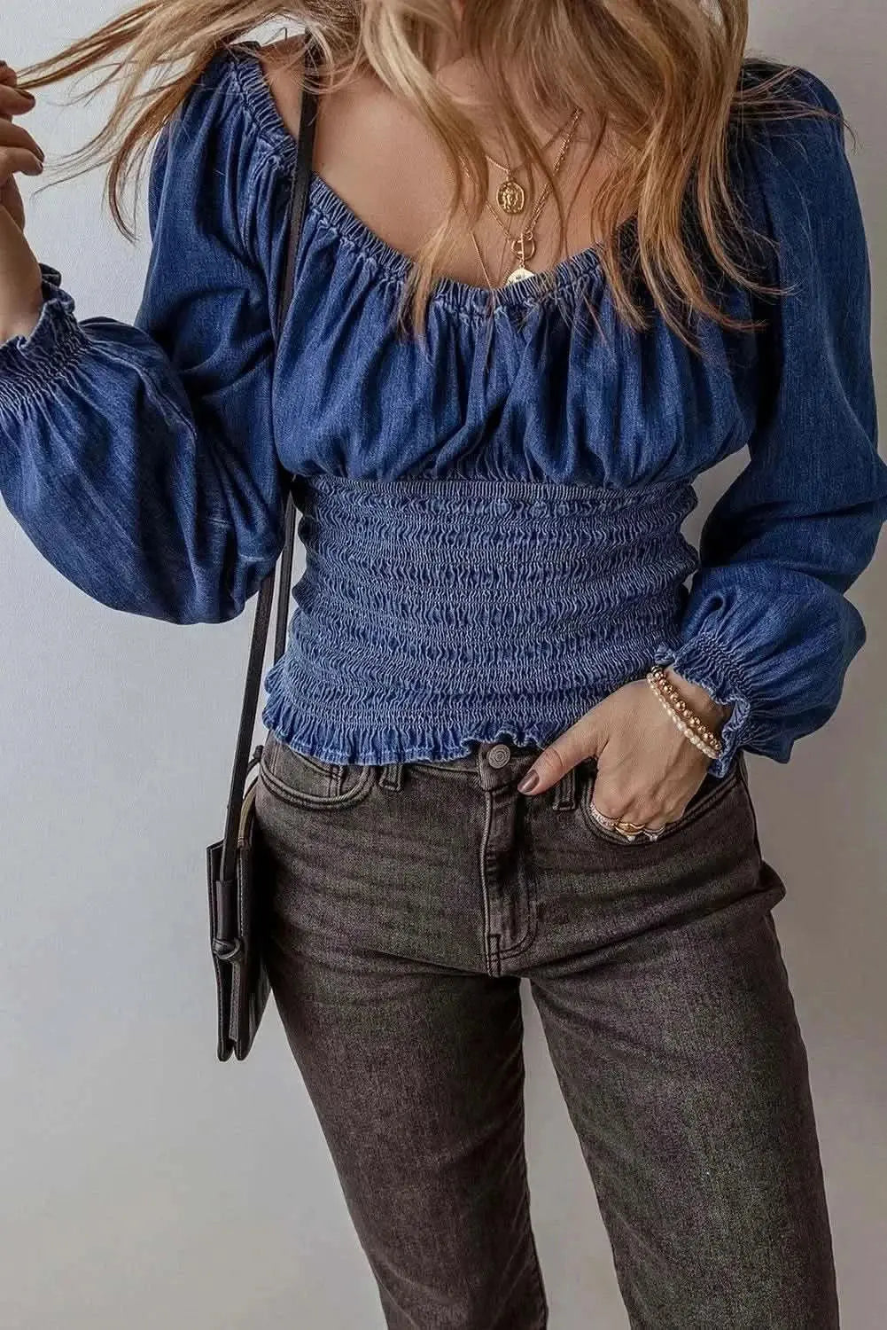 Trendsi Smocked Denim Top Long Sleeve Cotton Blend — Women's Casual