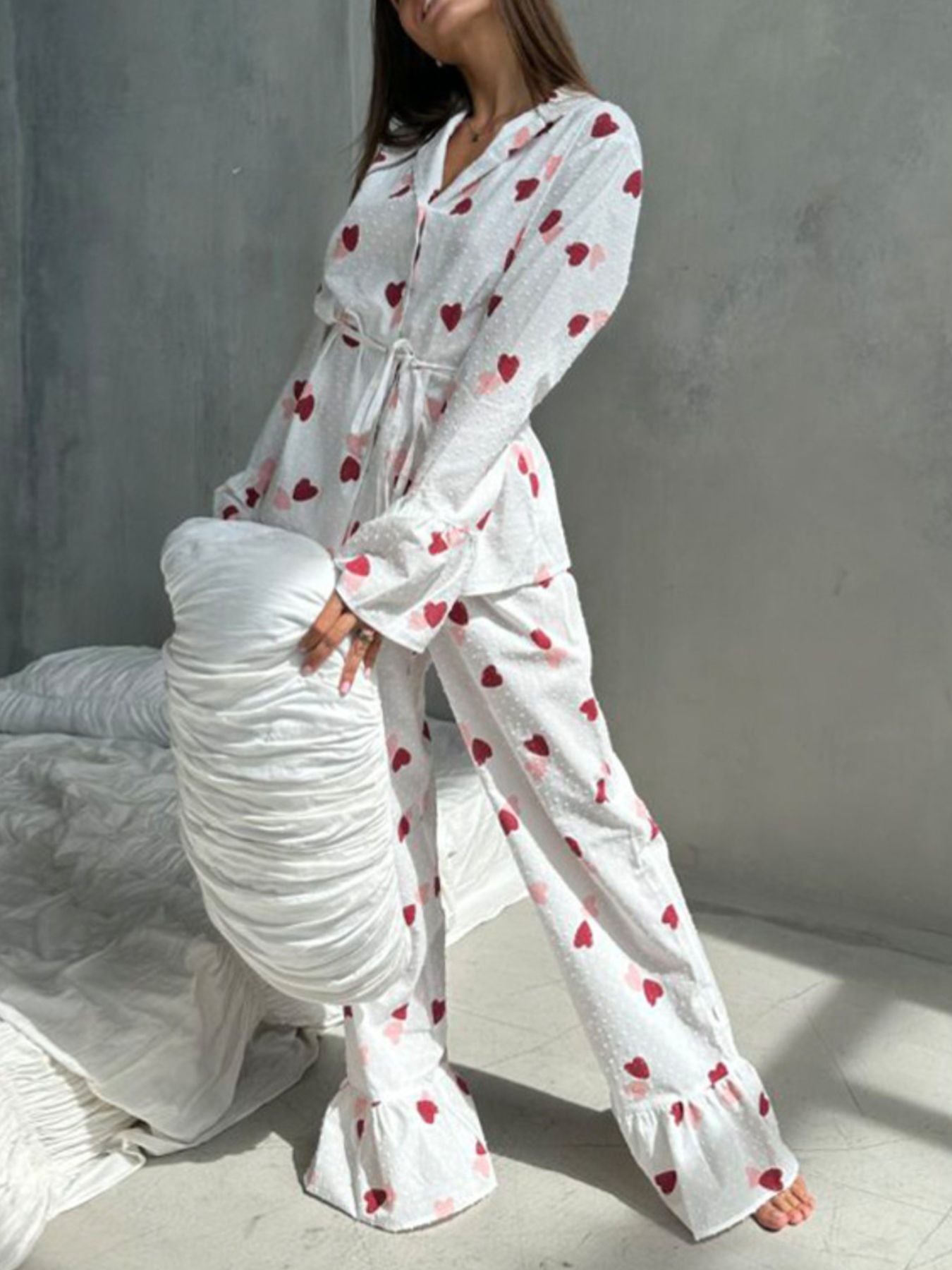 Heart Print Ruffle Trim Button-Up Cotton Lounge Set