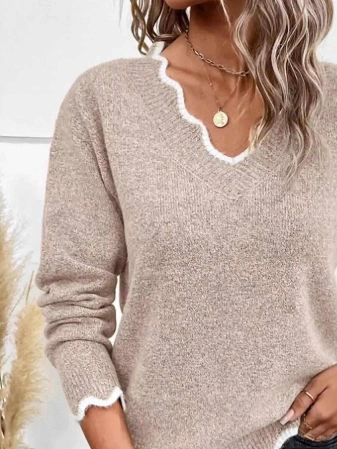 Contrast Trim V Neck Sweater