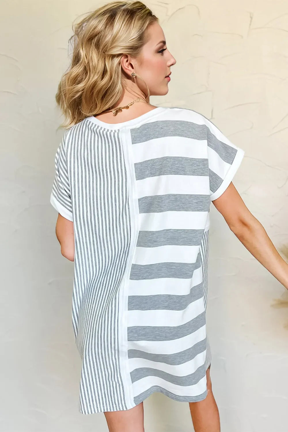Oh Full Size Striped Round Neck Short Sleeve Mini Tee Dress