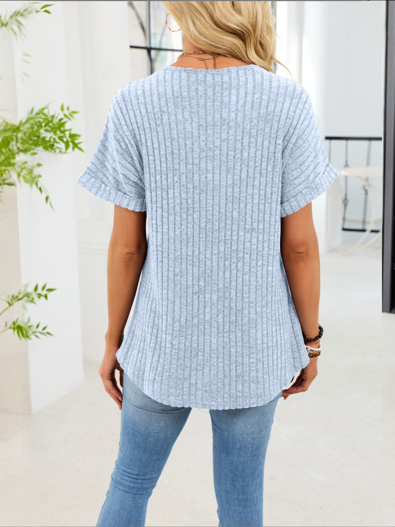 Women's Ribbed Knit Button V Neck Short Sleeve T Shirt