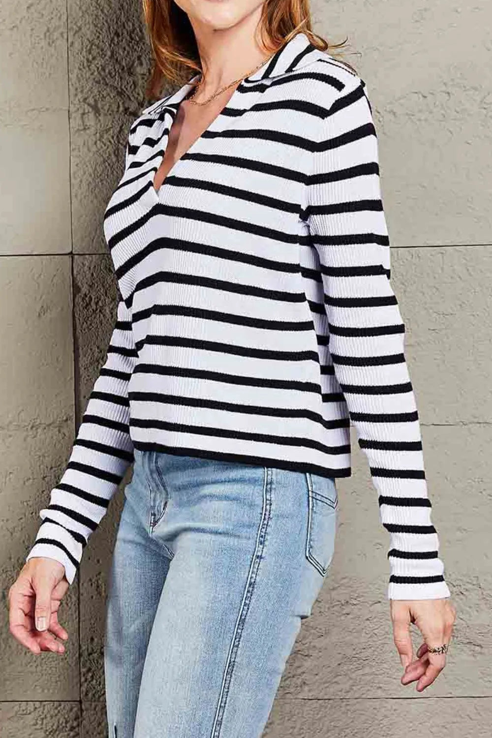 Double Take Striped Johnny Collar Long Sleeve Knit Top
