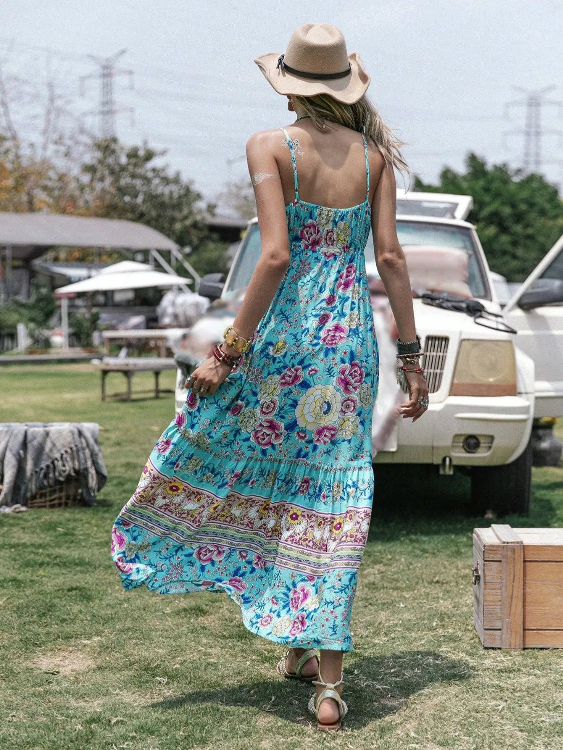 Boho Tassel Floral Print Tiered Cami Dress