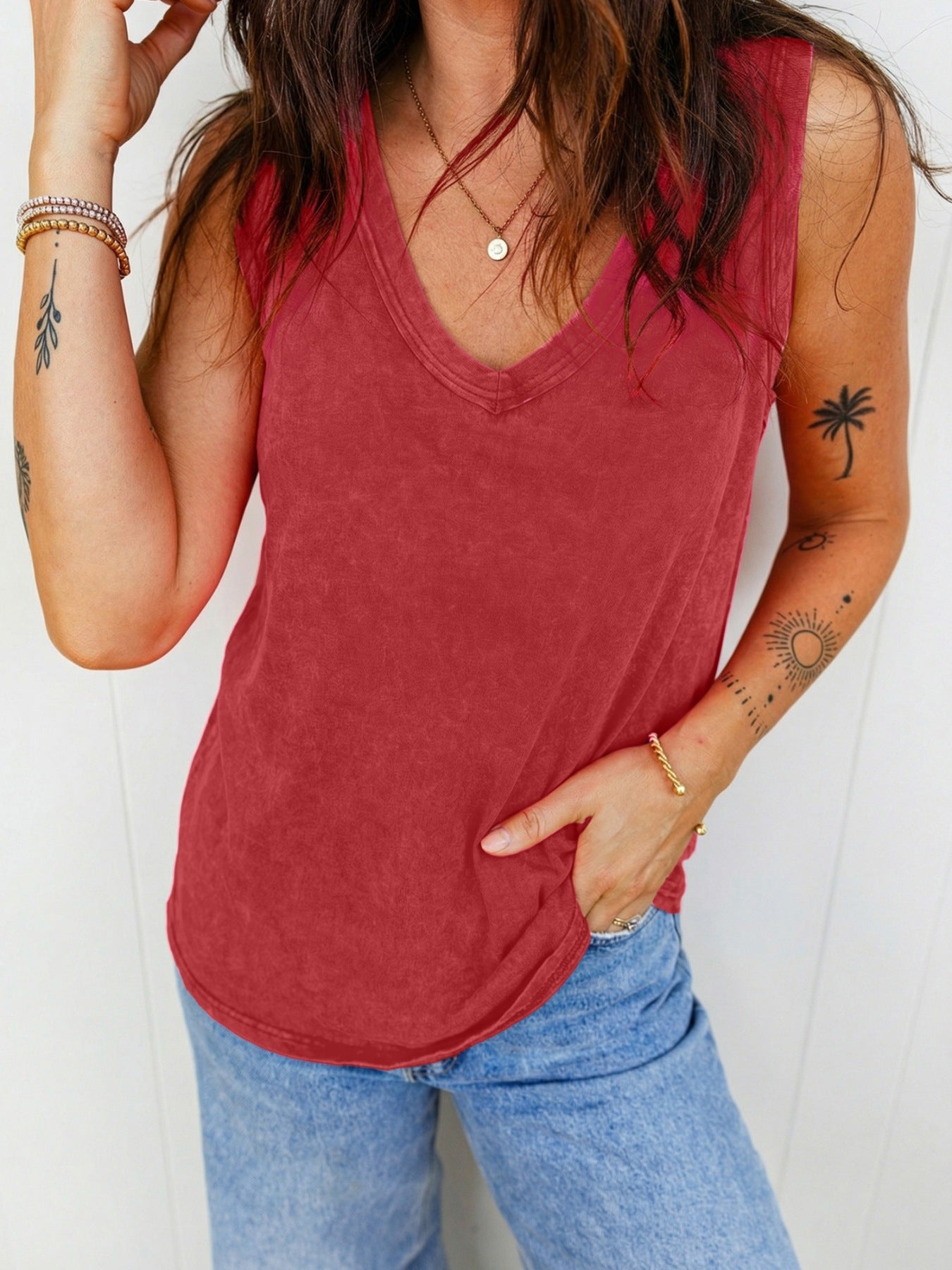 Mineral Washed V Neck Cotton Tank Top