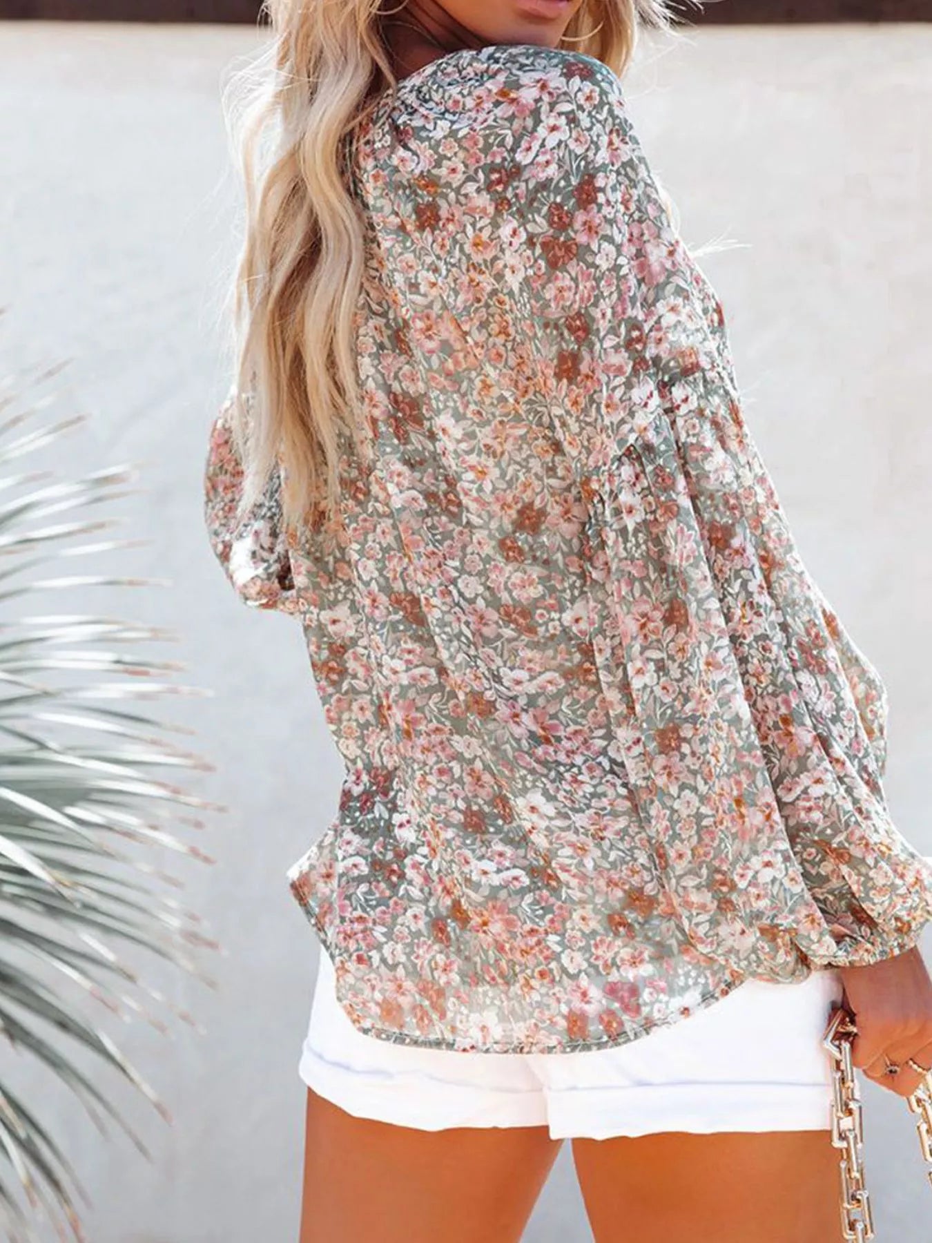 Full Size Floral Print V Neck Long Sleeve Blouse