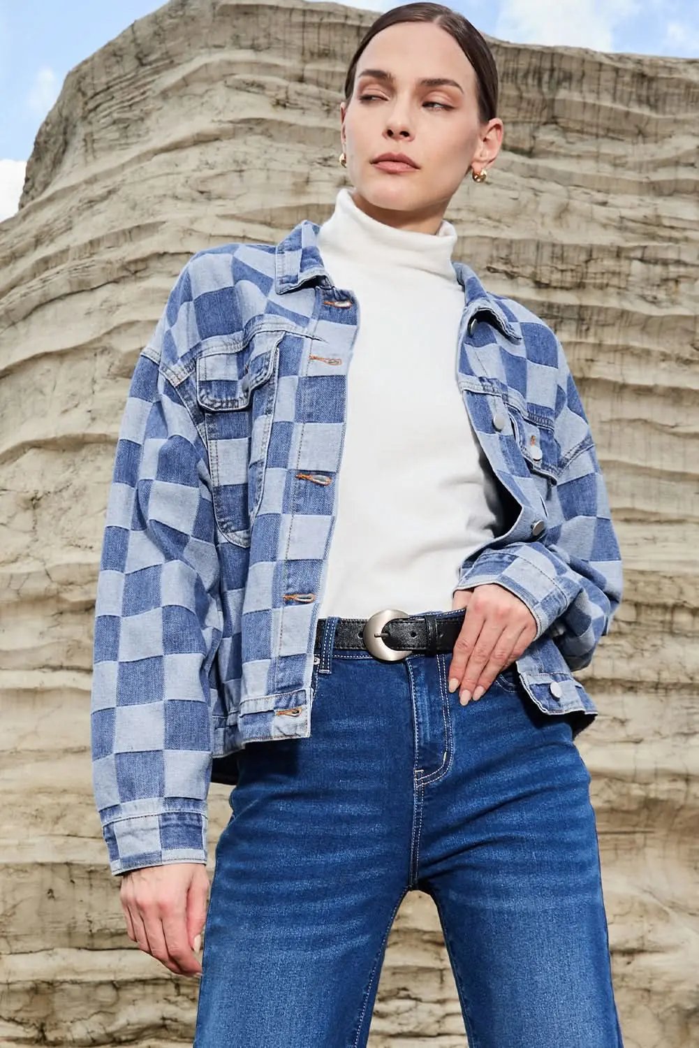 Jackets Love Salve Denim Jacket Women's Daily Wear Checkered Patchwork Button-Up Casual Spring