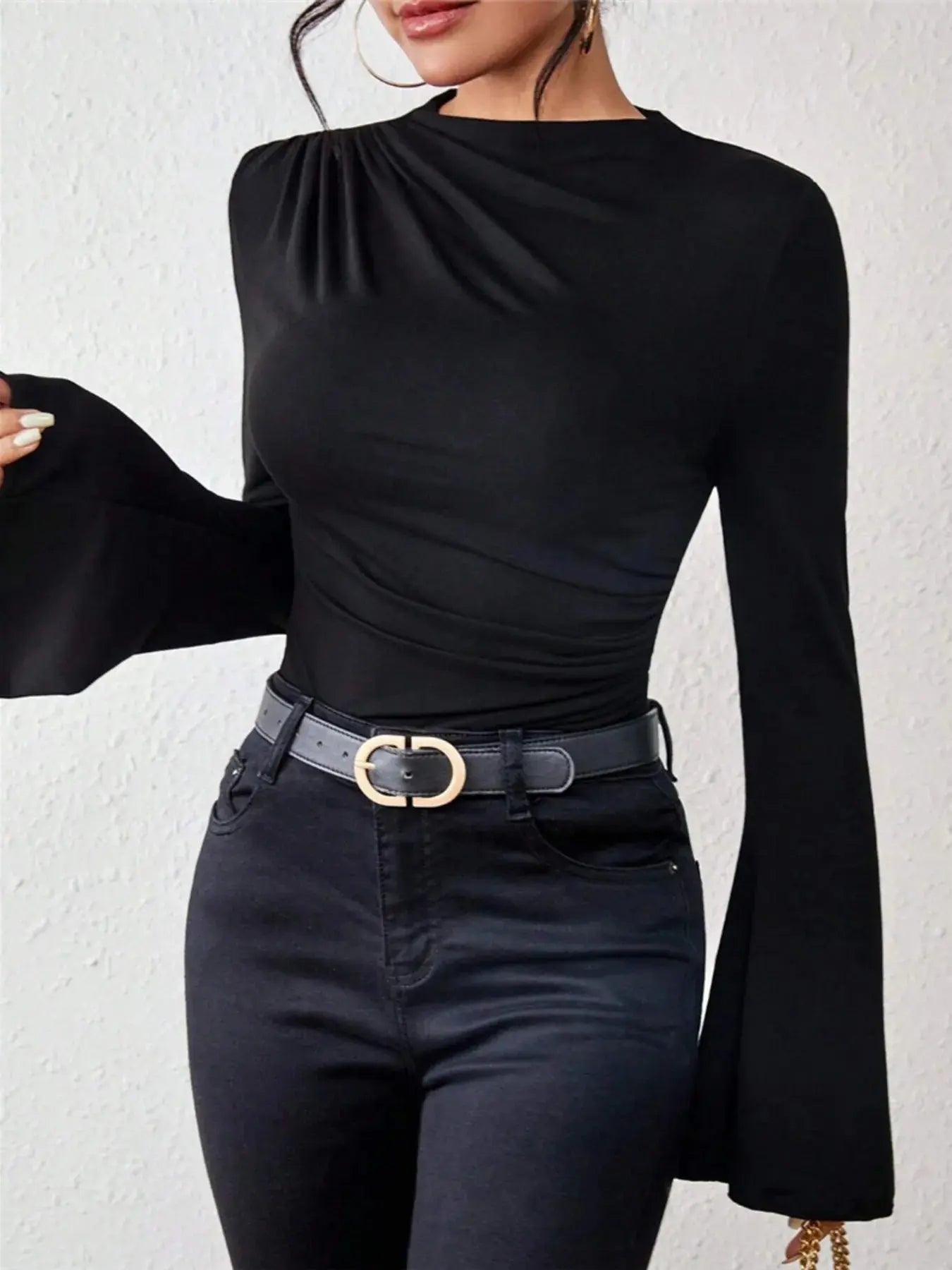 Bell Sleeve Fitted Ruched T Shirt with Mock Neck