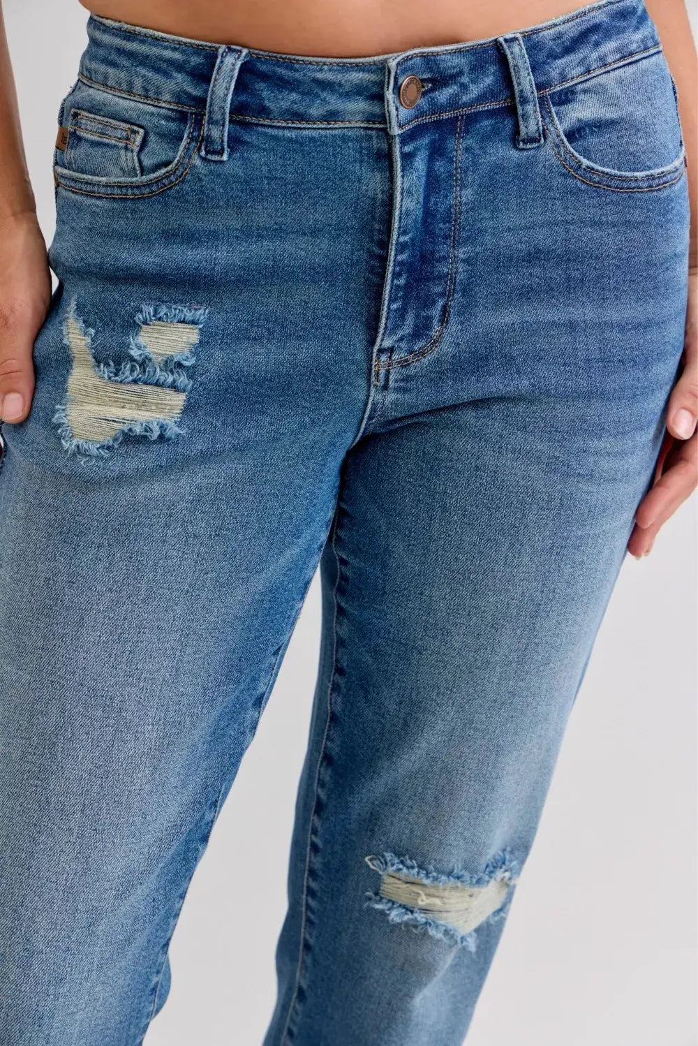 Judy Blue Jeans - Plus Size Mid Rise Boyfriend Destroy Jeans with Release Hem