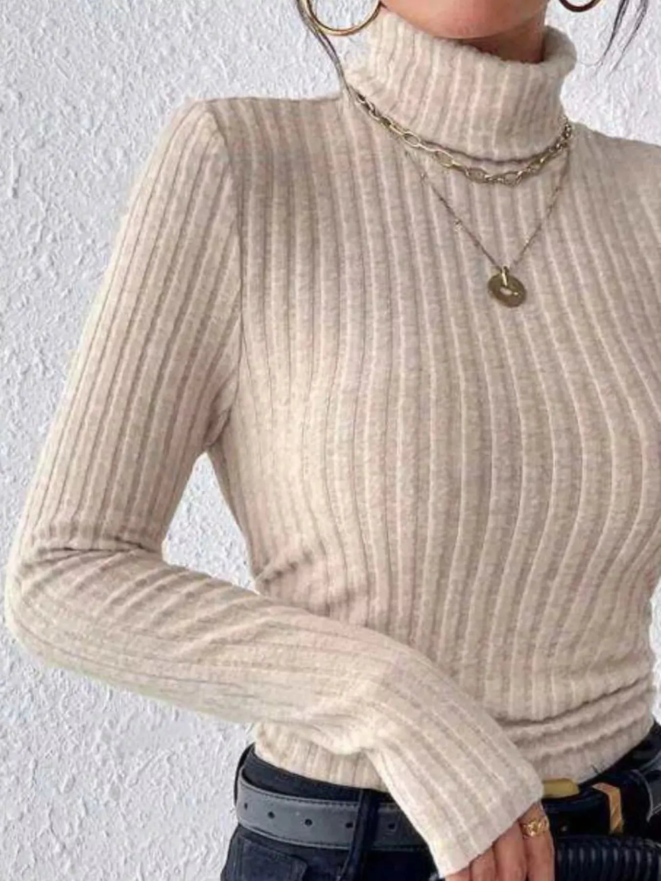 Ribbed Turtleneck Long Sleeve T Shirt