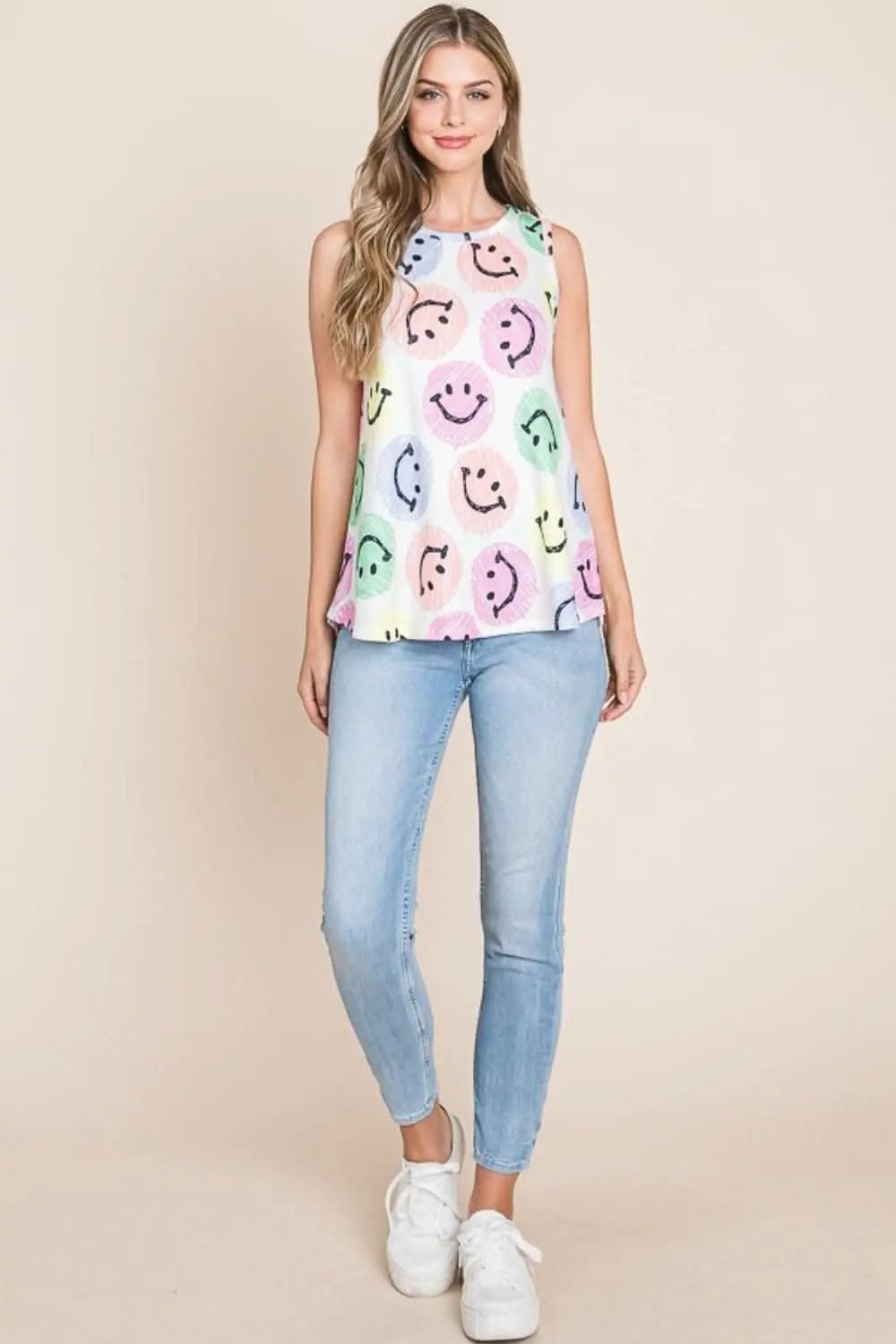 Trendsi Smiley Face Graphic Tank Top | Ivory