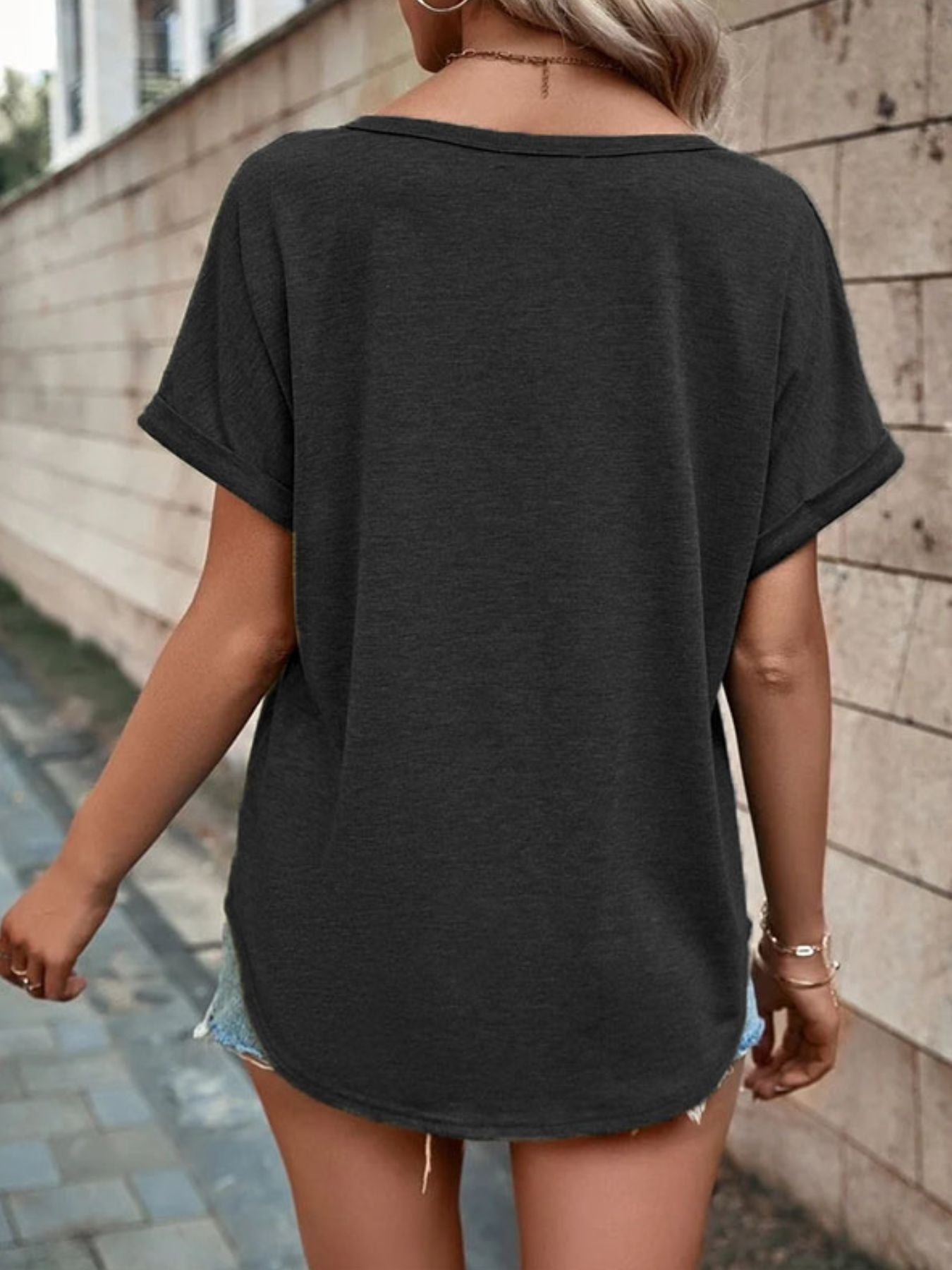Full Size Decor Button Short Sleeve T Shirt