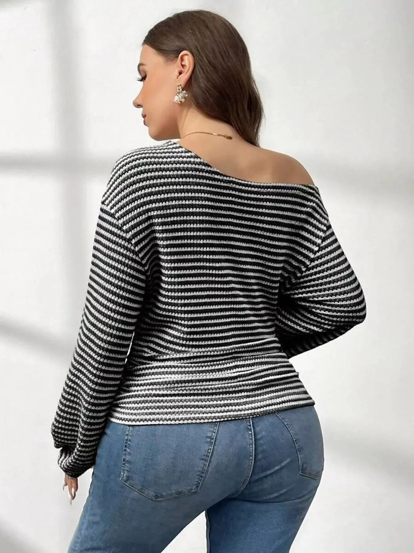 Striped One-Shoulder Plus Size Long Sleeve T Shirt