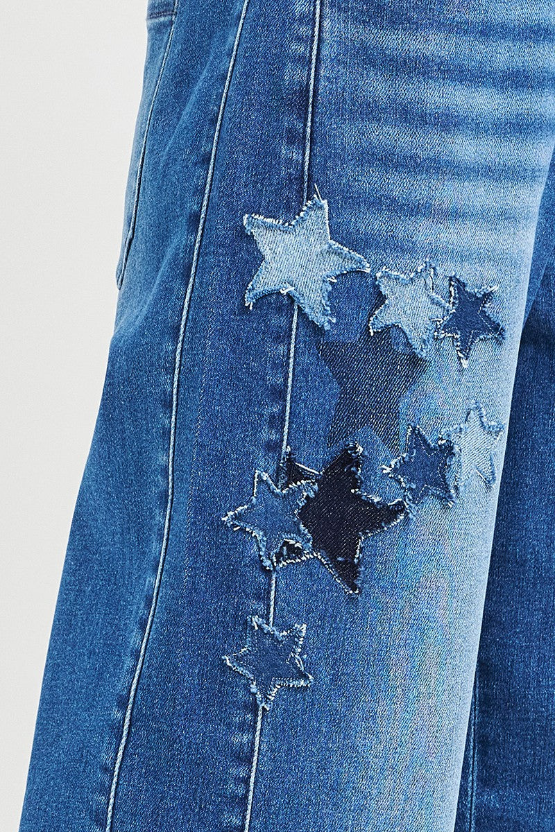 RISEN Elastic Band Slouchy Cropped Barrel Jeans with Star Patch