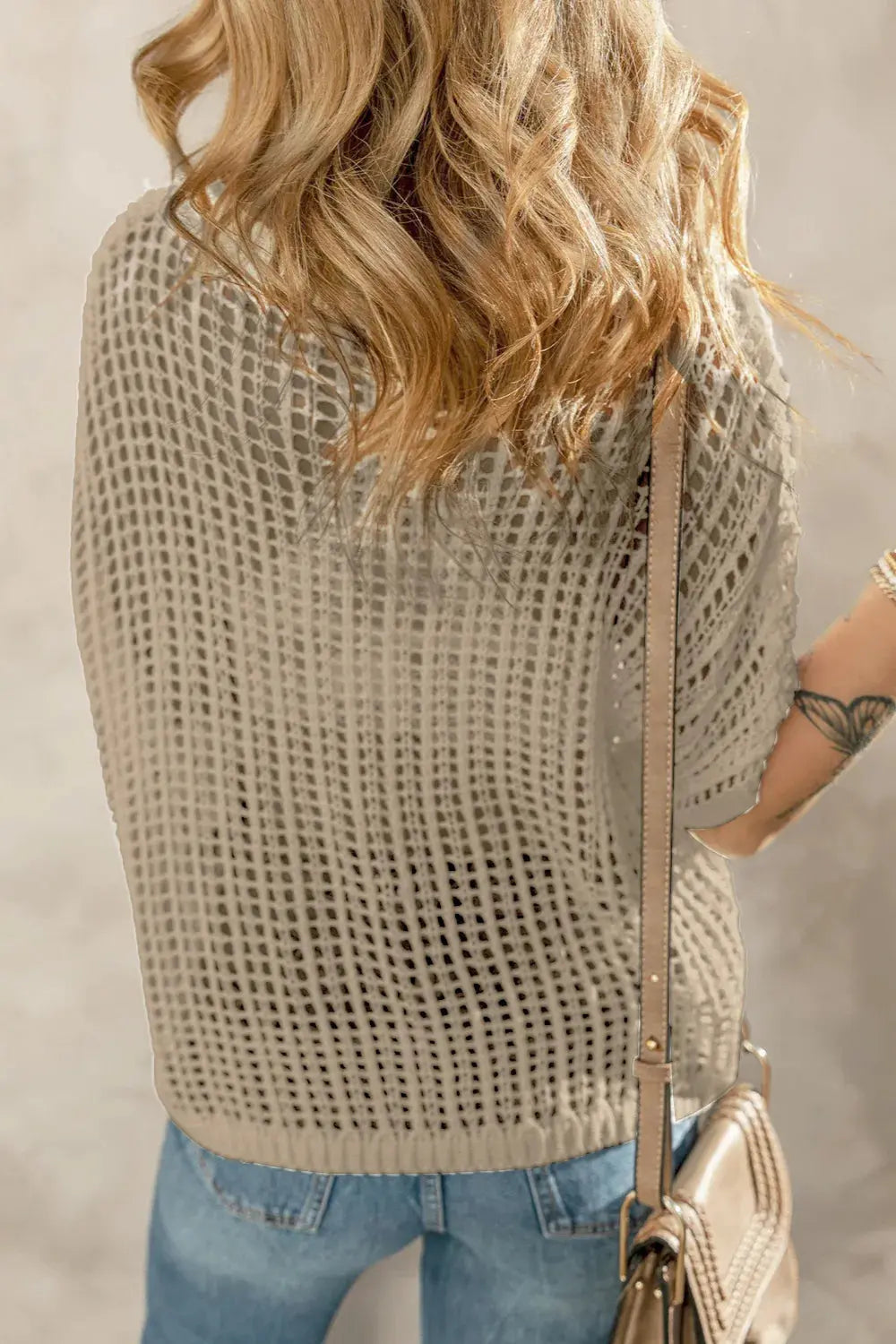 Openwork Round Neck Half Sleeve Knit Cover Up Top