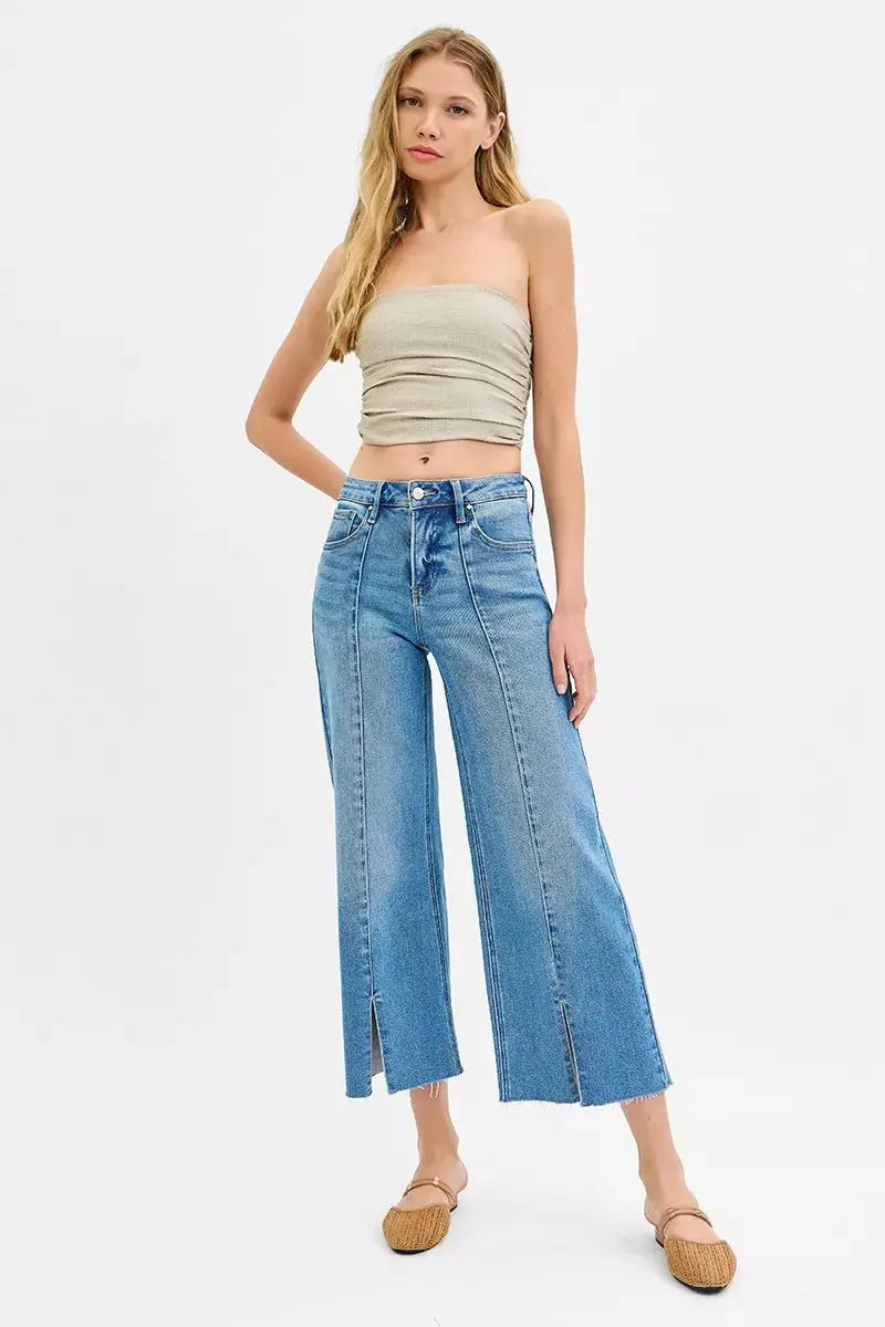 RISEN Jeans - Tummy Control Mid Rise Crop Wide Front Slit Jeans